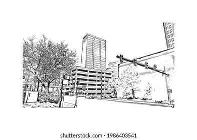 Building view with landmark of Fort Wayne is a city in northeastern Indiana. Hand drawn sketch illustration in vector.