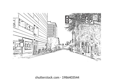 Building view with landmark of Fort Wayne is a city in northeastern Indiana. Hand drawn sketch illustration in vector.