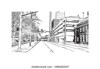 Building view with landmark of Fort Wayne is a city in northeastern Indiana. Hand drawn sketch illustration in vector.