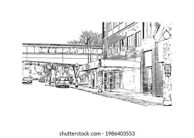 Building view with landmark of Fort Wayne is a city in northeastern Indiana. Hand drawn sketch illustration in vector.