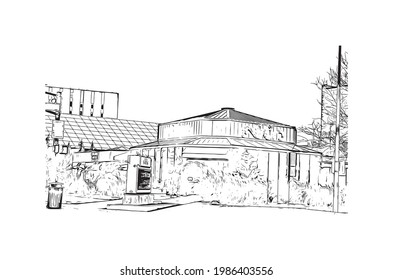 Building view with landmark of Fort Wayne is a city in northeastern Indiana. Hand drawn sketch illustration in vector.