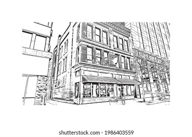 Building view with landmark of Fort Wayne is a city in northeastern Indiana. Hand drawn sketch illustration in vector.