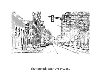 Building view with landmark of Fort Wayne is a city in northeastern Indiana. Hand drawn sketch illustration in vector.