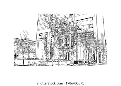 Building view with landmark of Fort Wayne is a city in northeastern Indiana. Hand drawn sketch illustration in vector.