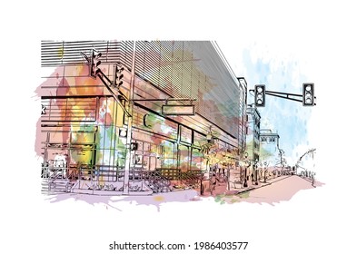 Building view with landmark of Fort Wayne is a city in northeastern Indiana. Watercolor splash with hand drawn sketch illustration in vector.