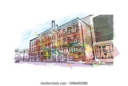 Building view with landmark of Fort Wayne is a city in northeastern Indiana. Watercolor splash with hand drawn sketch illustration in vector.