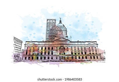 Building view with landmark of Fort Wayne is a city in northeastern Indiana. Watercolor splash with hand drawn sketch illustration in vector.