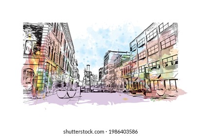 Building view with landmark of Fort Wayne is a city in northeastern Indiana. Watercolor splash with hand drawn sketch illustration in vector.