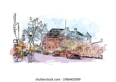 Building view with landmark of Fort Wayne is a city in northeastern Indiana. Watercolor splash with hand drawn sketch illustration in vector.