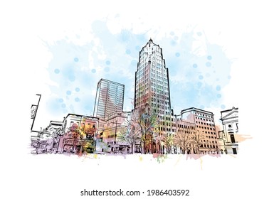 Building view with landmark of Fort Wayne is a city in northeastern Indiana. Watercolor splash with hand drawn sketch illustration in vector.