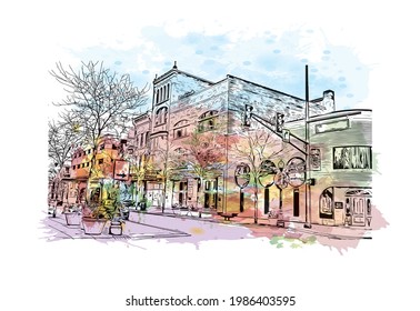 Building view with landmark of Fort Wayne is a city in northeastern Indiana. Watercolor splash with hand drawn sketch illustration in vector.