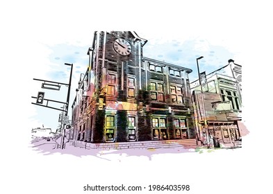 Building view with landmark of Fort Wayne is a city in northeastern Indiana. Watercolor splash with hand drawn sketch illustration in vector.