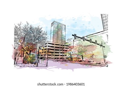 Building view with landmark of Fort Wayne is a city in northeastern Indiana. Watercolor splash with hand drawn sketch illustration in vector.