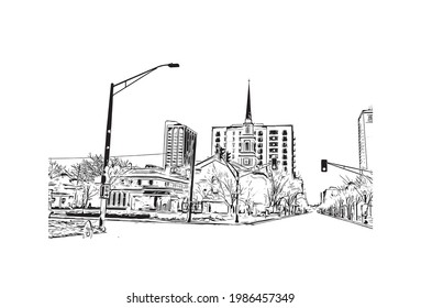 Building view with landmark of Fort Wayne is a city in northeastern Indiana. Hand drawn sketch illustration in vector.