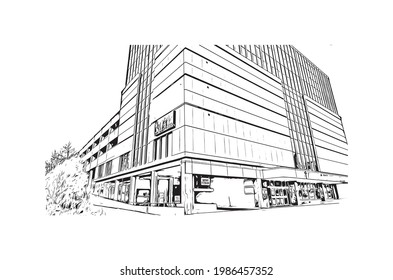 Building view with landmark of Fort Wayne is a city in northeastern Indiana. Hand drawn sketch illustration in vector.