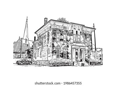 Building view with landmark of Fort Wayne is a city in northeastern Indiana. Hand drawn sketch illustration in vector.