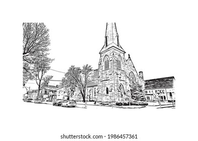 Building view with landmark of Fort Wayne is a city in northeastern Indiana. Hand drawn sketch illustration in vector.