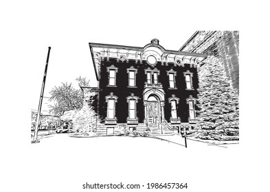 Building view with landmark of Fort Wayne is a city in northeastern Indiana. Hand drawn sketch illustration in vector.