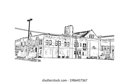 Building view with landmark of Fort Wayne is a city in northeastern Indiana. Hand drawn sketch illustration in vector.