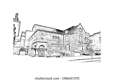 Building view with landmark of Fort Wayne is a city in northeastern Indiana. Hand drawn sketch illustration in vector.