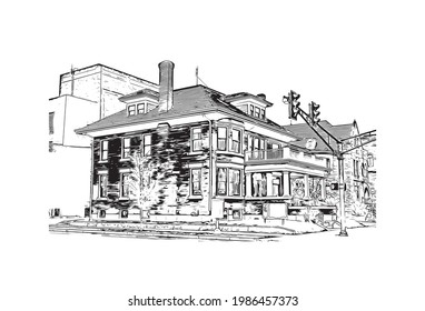 Building view with landmark of Fort Wayne is a city in northeastern Indiana. Hand drawn sketch illustration in vector.