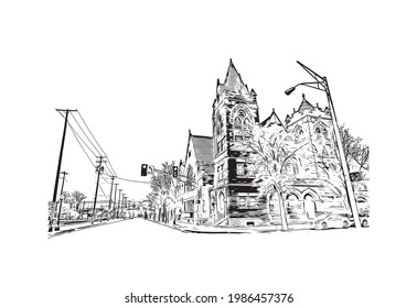 Building view with landmark of Fort Wayne is a city in northeastern Indiana. Hand drawn sketch illustration in vector.