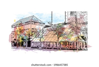 Building view with landmark of Fort Wayne is a city in northeastern Indiana. Watercolor splash with hand drawn sketch illustration in vector.