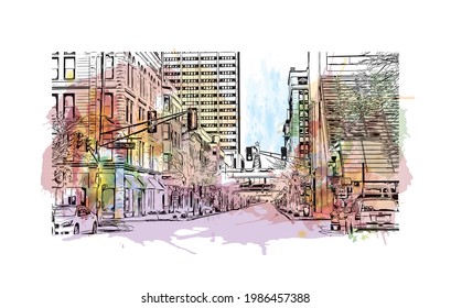 Building view with landmark of Fort Wayne is a city in northeastern Indiana. Watercolor splash with hand drawn sketch illustration in vector.