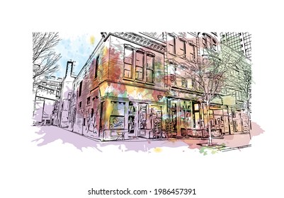 Building view with landmark of Fort Wayne is a city in northeastern Indiana. Watercolor splash with hand drawn sketch illustration in vector.