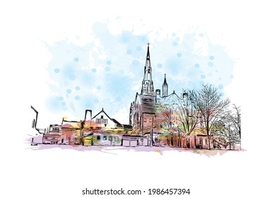 Building view with landmark of Fort Wayne is a city in northeastern Indiana. Watercolor splash with hand drawn sketch illustration in vector.