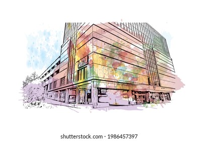 Building view with landmark of Fort Wayne is a city in northeastern Indiana. Watercolor splash with hand drawn sketch illustration in vector.