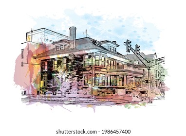 Building view with landmark of Fort Wayne is a city in northeastern Indiana. Watercolor splash with hand drawn sketch illustration in vector.