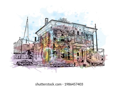 Building view with landmark of Fort Wayne is a city in northeastern Indiana. Watercolor splash with hand drawn sketch illustration in vector.