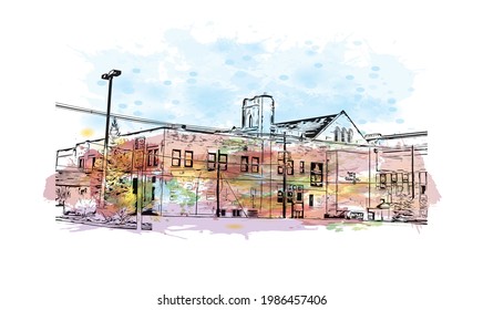 Building view with landmark of Fort Wayne is a city in northeastern Indiana. Watercolor splash with hand drawn sketch illustration in vector.