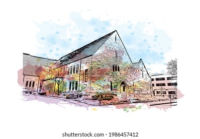 Building view with landmark of Fort Wayne is a city in northeastern Indiana. Watercolor splash with hand drawn sketch illustration in vector.