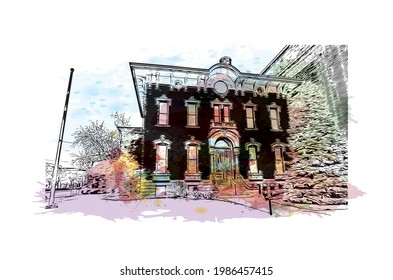 Building view with landmark of Fort Wayne is a city in northeastern Indiana. Watercolor splash with hand drawn sketch illustration in vector.