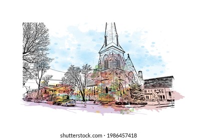 Building view with landmark of Fort Wayne is a city in northeastern Indiana. Watercolor splash with hand drawn sketch illustration in vector.