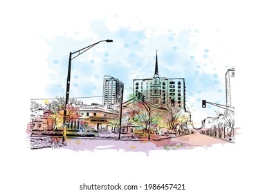 Building view with landmark of Fort Wayne is a city in northeastern Indiana. Watercolor splash with hand drawn sketch illustration in vector.