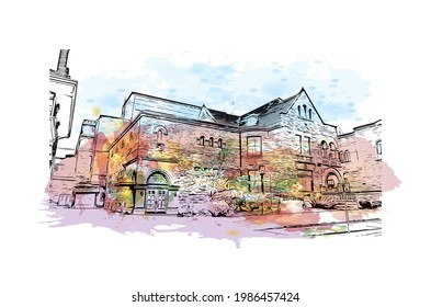 Building view with landmark of Fort Wayne is a city in northeastern Indiana. Watercolor splash with hand drawn sketch illustration in vector.