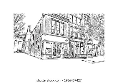 Building view with landmark of Fort Wayne is a city in northeastern Indiana. Hand drawn sketch illustration in vector.