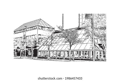 Building view with landmark of Fort Wayne is a city in northeastern Indiana. Hand drawn sketch illustration in vector.