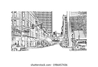 Building view with landmark of Fort Wayne is a city in northeastern Indiana. Hand drawn sketch illustration in vector.