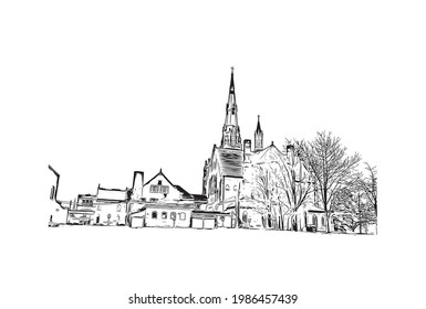 Building view with landmark of Fort Wayne is a city in northeastern Indiana. Hand drawn sketch illustration in vector.