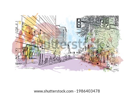 Building view with landmark of Fort Wayne is a city in northeastern Indiana. Watercolor splash with hand drawn sketch illustration in vector.