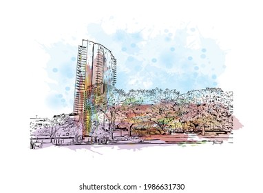 Building view with landmark of Fort Worth is a city in North Central Texas. Watercolor splash with hand drawn sketch illustration in vector.