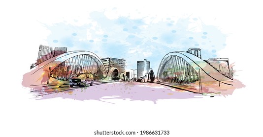 Building view with landmark of Fort Worth is a city in North Central Texas. Watercolor splash with hand drawn sketch illustration in vector.