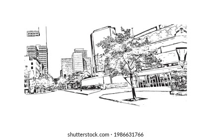 Building view with landmark of Fort Worth is a city in North Central Texas. Hand drawn sketch illustration in vector.