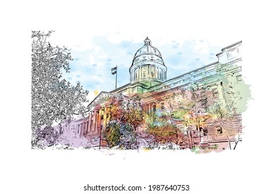 Building view with landmark of Frankfort is the 
city in Michigan. Watercolor splash with hand drawn sketch illustration in vector.
