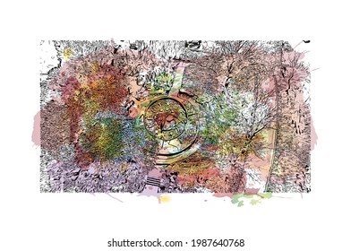 Building view with landmark of Frankfort is the 
city in Michigan. Watercolor splash with hand drawn sketch illustration in vector.