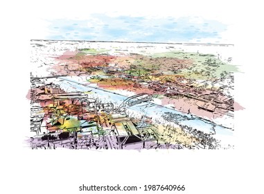 Building view with landmark of Frankfort is the 
city in Michigan. Watercolor splash with hand drawn sketch illustration in vector.